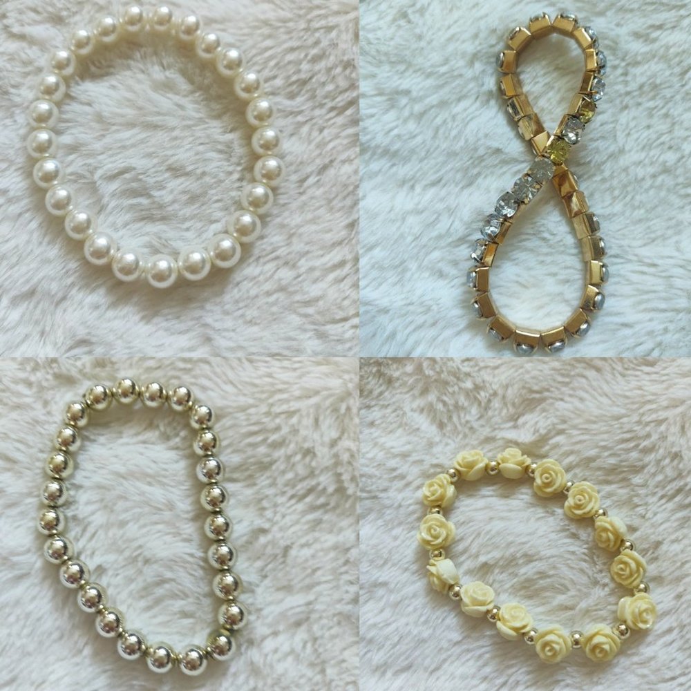 White Pearl Rose Metal Beads Jewel Stretch Bangle Bracelet | Set of 4
